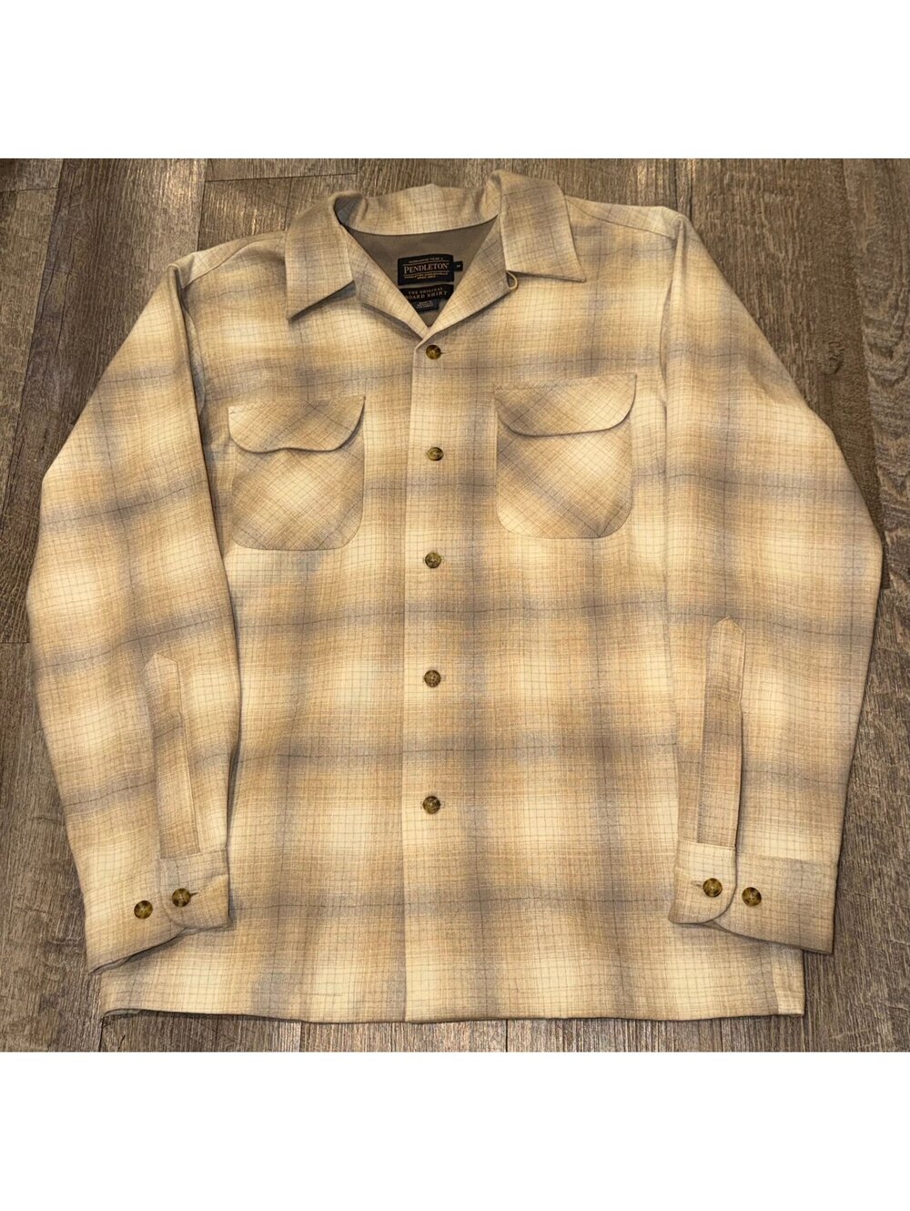 Pendleton Board Shirt Tan Mix Ombre Virgin Wool Plaid Shirt size Medium